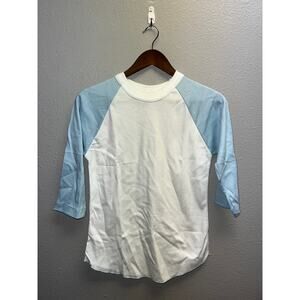 80s Women's Vintage Lucky Star White Blue Raglan Shirt Top Women M